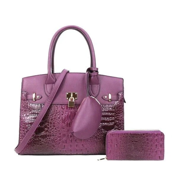 Women's Purple Soft Crocodile Print 3 Pieces Accent Satchel Handbag Set - Picture 2 of 2